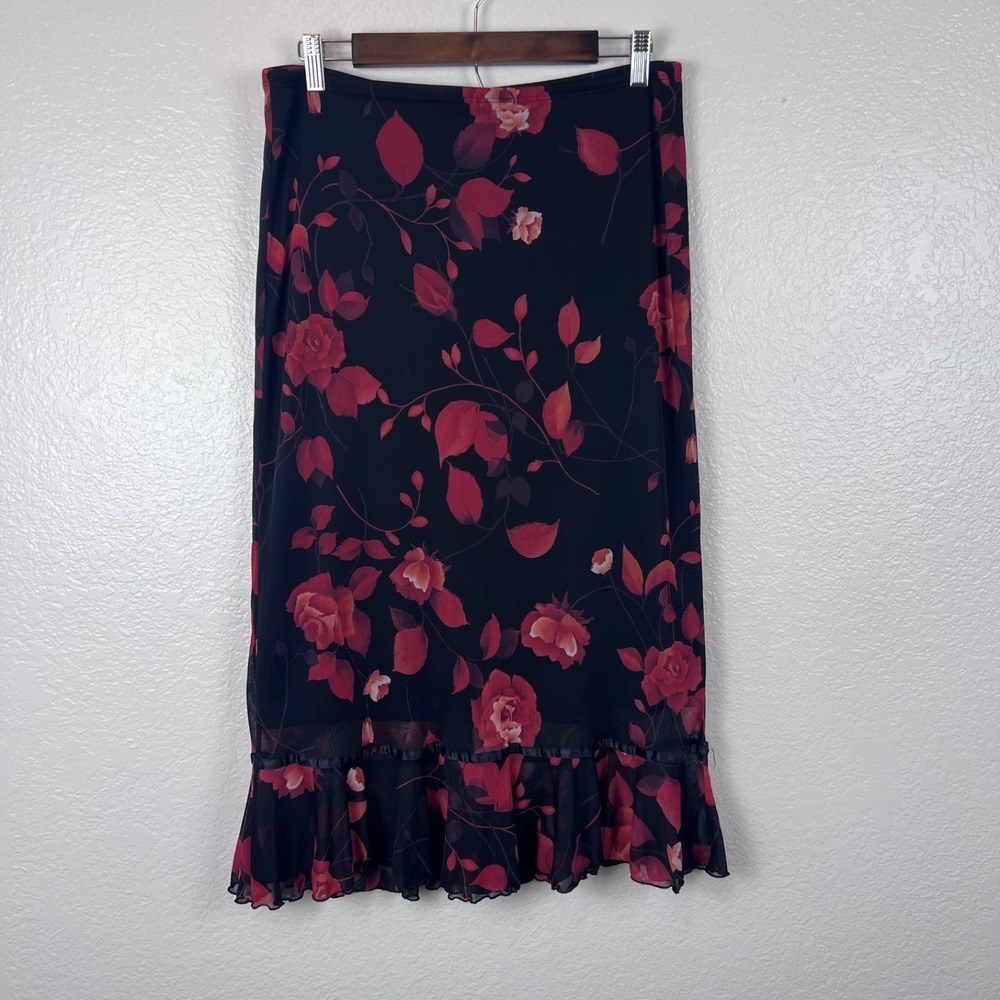 Vintage Y2K Wet Seal Midi Skirt Womens‎ Large Black Floral Fairy Grunge Romantic